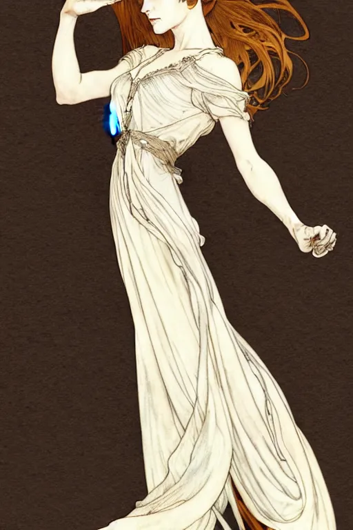 Prompt: in the style of artgerm, arthur rackham, alphonse mucha, evan rachel wood, flowing white dress