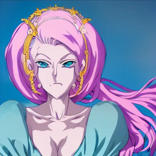 Image similar to stunningly beautiful omnipotent megalomaniacal anime goddess with porcelain skin, pink hair and mesmerizing cyan eyes, symmetrical perfect face smiling in a haughty way, mid view, hyperdetailed, 2 d, 8 k