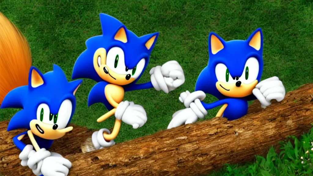 Image similar to A wholesome lively desktop background involving Sonic and Tails sitting in a log cabin sitting on a rug by the fireplace, talking and laughing, 4k, 8k, unrealengine, beautiful, amazing.