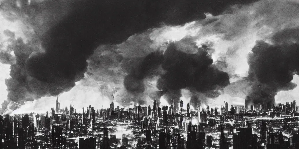 Prompt: vintage analog photograph of a gigantic futurist city on fire, multiple flames, in the style of gotham city, with gigantic smoke clouds visible above the skycrapers, heavy film grain, neon lights, rain red color bleed, rich azure tones