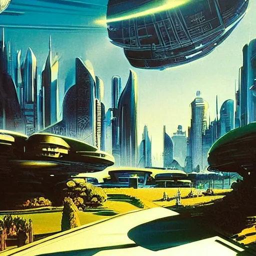 Image similar to Sci-fi cityscape with green gardens, cinematic angle, cinematic lighting, blue sky, sun in the sky, by Syd Mead, John Harris, Federico Pelat