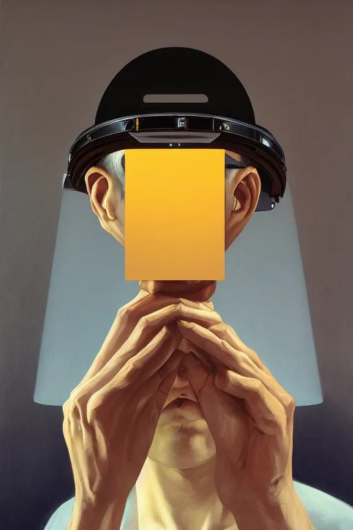 Image similar to Satoshi Nakamoto wearing oculus and Monero over his head, Edward Hopper and James Gilleard, Zdzislaw Beksisnski, highly detailed