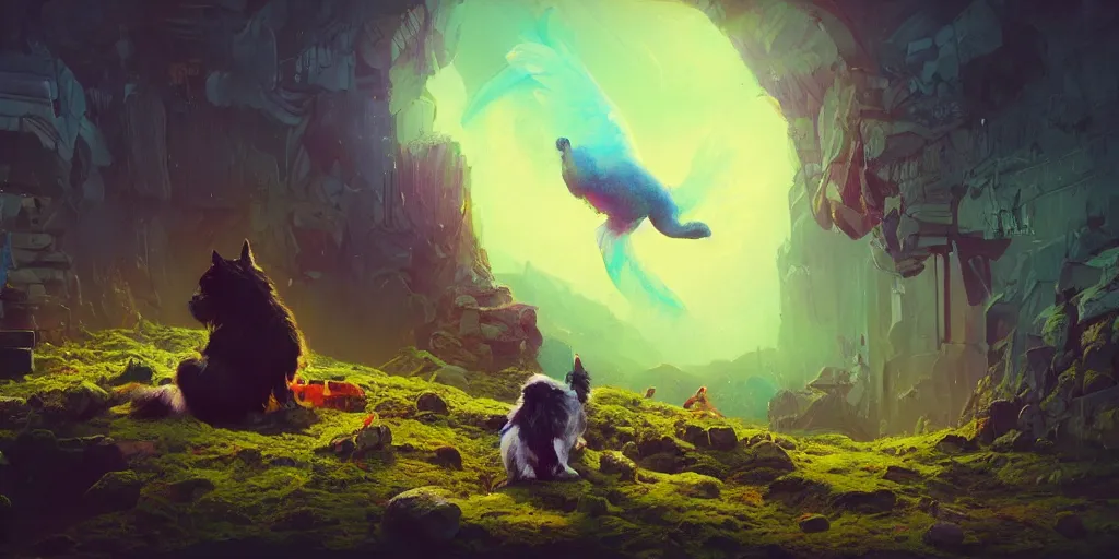 Image similar to all of our pets go to heaven, colorful, contrast, 3 d scene, greg rutkowski, zabrocki, karlkka, jayison devadas, trending on artstation, 8 k, ultra wide angle, zenith view, pincushion lens effect