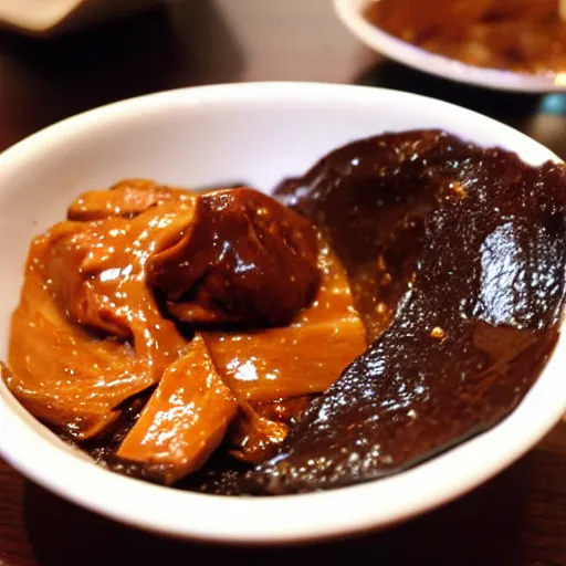 Image similar to Murasaki Shikibu eats a bowl of adobo