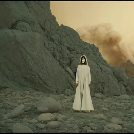 Image similar to The full body shot of beautiful pale woman with white flowers and full-face golden mask in a rocky desert landscape, a giant mirror and smoke around her, volumetric lighting, fire, multiple eyes and dry earth by Denis Villeneuve, Lubezki, Gaspar Noe and Christopher Doyle, anamorphic lens, anamorphic lens flares, kodakchrome, cinematic composition, practical effects, award winning photo, 8k