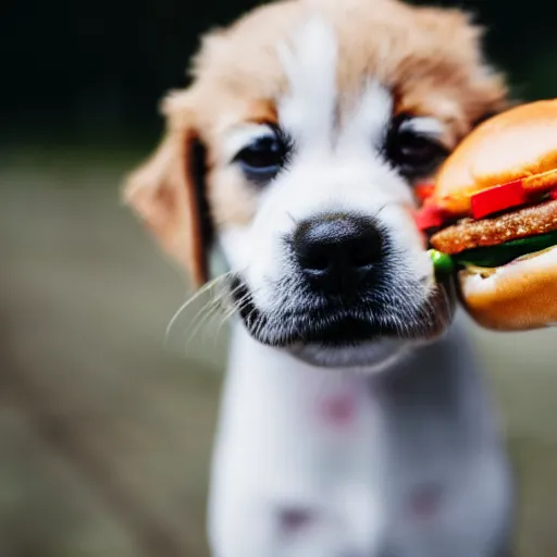 Image similar to macro image of a super cute dog puppy that is eating a cheeseburger