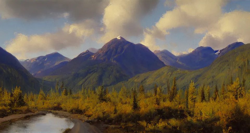 Prompt: Realist impasto painting of the Salmon River mountains by John Harris, 4k scan, oil on canvas,