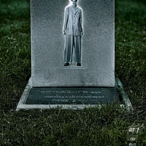 Prompt: a headstone with justin sun hologram, by annie leibovitz, shallow depth of field, cinematic lighting, dystopian futurism