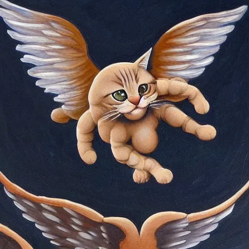 Prompt: a very detailed, painting of a cat with wings flying though the sky in michelangelo style of painting