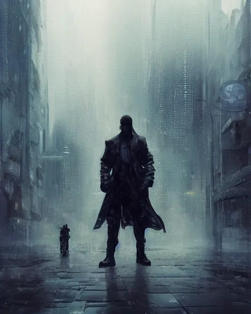 Prompt: battle hardened, hero, surrounded by multiple agent smith characters from the matrix, face centered portrait, confident, modern cityscape, outdoors, architecture, fog, rain, volumetric lighting, illustration, perfectly shaded, greenish tinge, cold lights soft painting, art by krenz cushart and wenjun lin