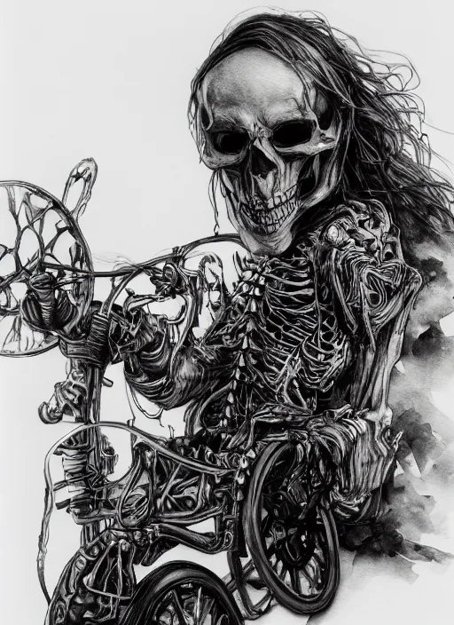Prompt: portrait, Long haired biker skeleton in a wheelchair, has tattoos, watercolor, dramatic lighting, cinematic, establishing shot, extremely high detail, foto realistic, cinematic lighting, pen and ink, intricate line drawings, by Yoshitaka Amano, Ruan Jia, Kentaro Miura, Artgerm, post processed, concept art, artstation, matte painting, style by eddie mendoza, raphael lacoste, alex ross