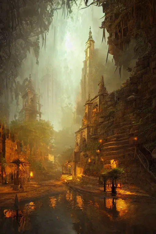 Image similar to old aztec city of gold in the middle of the forest, intricate, elegant, volumetric lighting, digital painting, highly detailed, artstation, sharp focus, illustration, concept art, ruan jia, steve mccurry