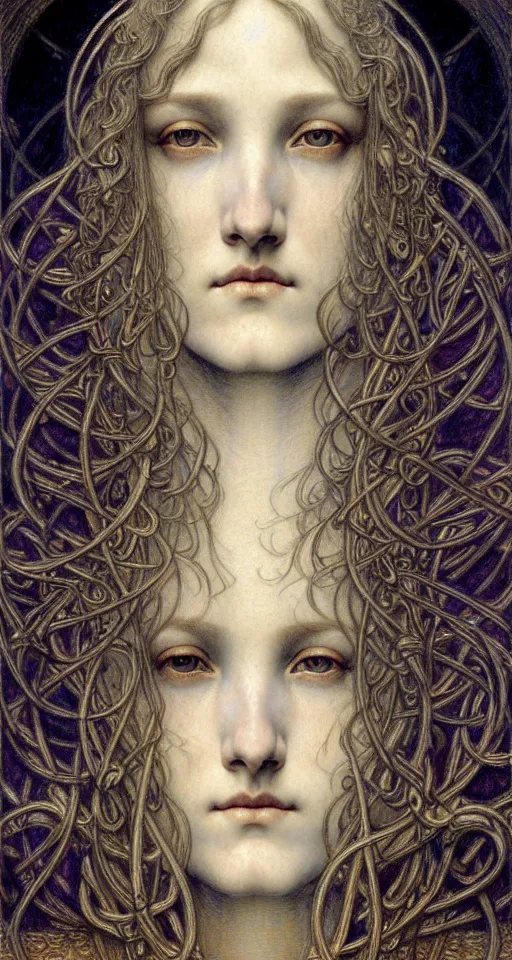 Image similar to detailed realistic beautiful young medieval queen face portrait by jean delville, gustave dore and marco mazzoni, art nouveau, symbolist, visionary, gothic, pre - raphaelite. horizontal symmetry