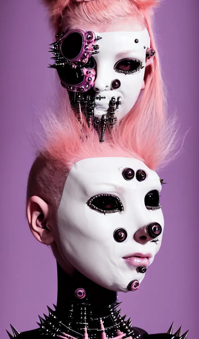 Prompt: symmetrical portrait of a biomechanical demoness wearing a steel spikes studded iridescent beauty mask and pink hair buns, wearing a black bodysuit by alexander mcqueen, cream white background, soft diffused light, biotechnology, humanoid robot, perfectly symmetric, bjork aesthetic, translucent, by rineke dijkstra, intricate details, highly detailed, masterpiece,