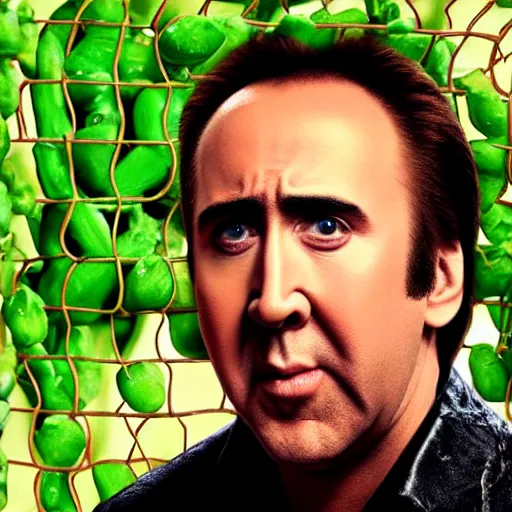 Image similar to nicolas cage trapped in a wicker cage with peas on his face, looking up, not the bees