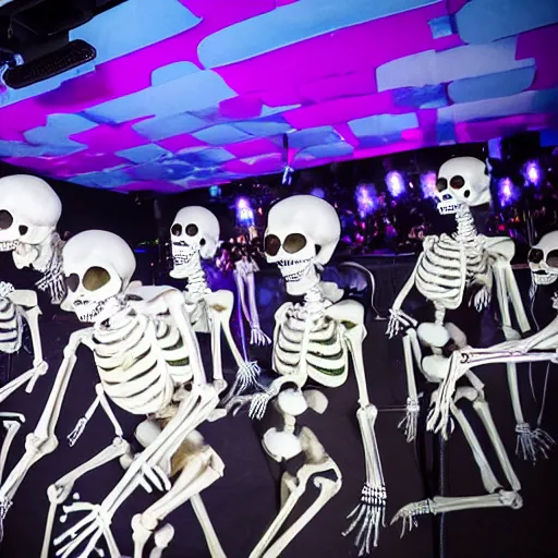 Prompt: photo, a giant crowd of realistic anatomically correct claymation skeletons dancing sensually and cool inside a colorful futuristic night club, blue edge lighting