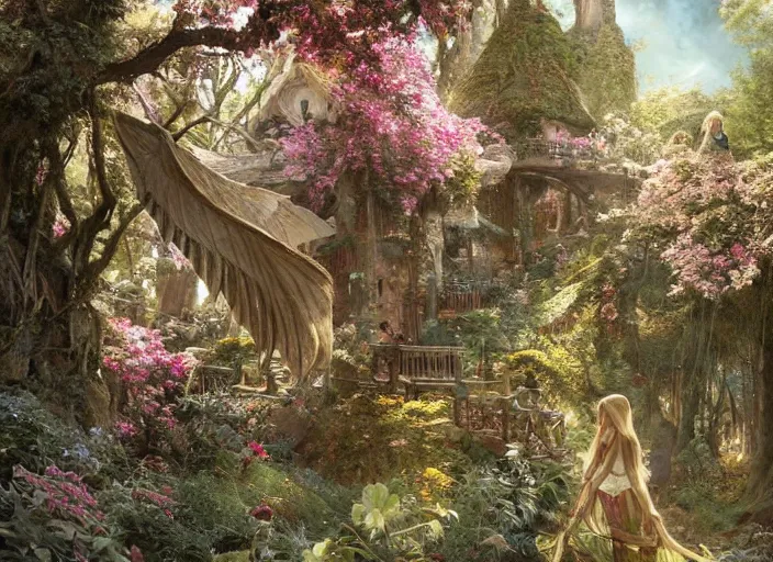 Prompt: female elves with wings of lace in lord of the rings scenery landscape, treehouse, flowers, beautiful day, highly detailed, perfect lighting, perfect composition, 4 k, artgerm, derek zabrocki, greg rutkowski, alphonse mucha