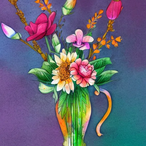 Prompt: a porcelain vase with a colorful and beautiful flower arrangement. very stylize and delicate watercolor and pencil drawing. long shotbeautiful lighting, 4 k post - processing, trending in art station, cg society, highly detailed, 5 k extremely detailed