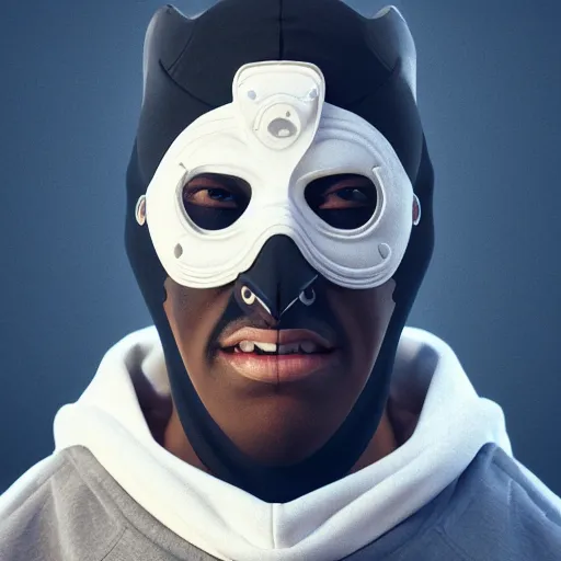 Image similar to a highly detailed, portrait of a man with black hair with a black medical mask, in a hood in the form of a blue shark with white teeth, artstation, DeviantArt, professional, octane render, digital art