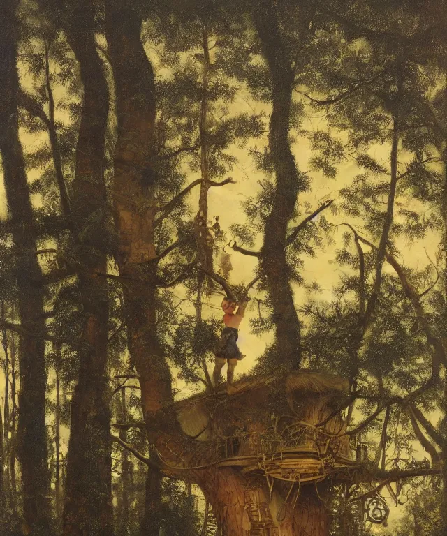 Image similar to masterful oil on canvas painting, eye - level view, shot from 5 0 feet distance, of a kid playing in a treehouse. in the background is a whimsical sparse forest. by ambrosius benson and gerald brom. golden hour, detailed, depth, volume, chiaroscuro, quiet intensity, vivid color palette.