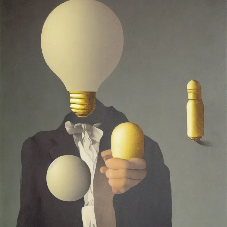 Image similar to portrait of a man, his head is a lightbulb, by rene magritte, detailed painting, hd, hq, high resolution, high detail, 4 k, 8 k
