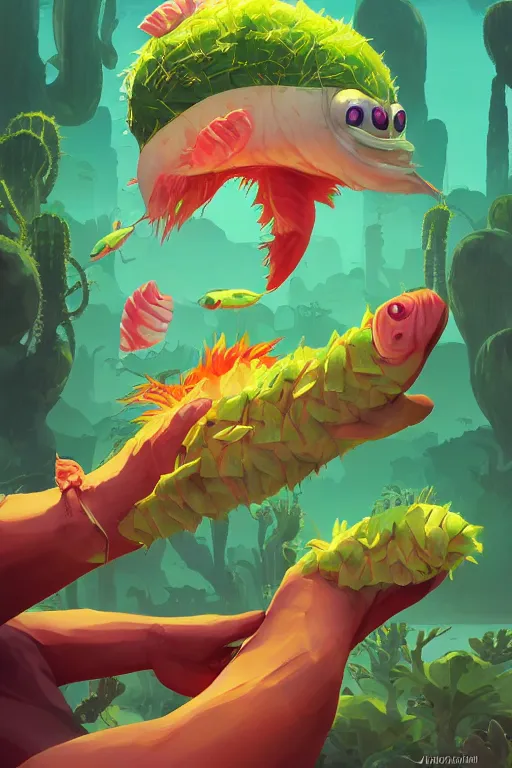 Image similar to 3 d render creature animal sushi cristal very big eye roots cactus elemental flush of force nature micro world fluo fishscale, comics gta 5 cover, official fanart behance hd artstation by jesper ejsing, by rhads, makoto shinkai and lois van baarle, ilya kuvshinov, ossdraws