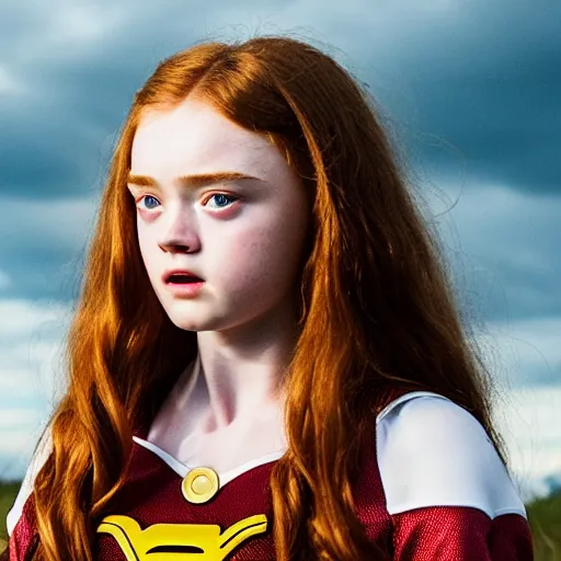 Image similar to film still of sadie sink playing wonder women, hd, 8 k, high resolution, cinematic, golden hour lighting, beautiful hair, holding golden whip, photorealistic, on a field, grey sky, shadows