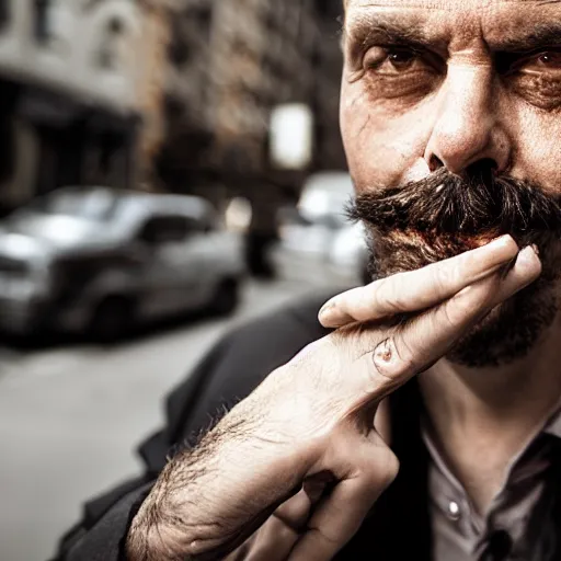 Image similar to closeup portrait of a snake oil salesman in a smoky new york back street, photograph, magazine, press, photo