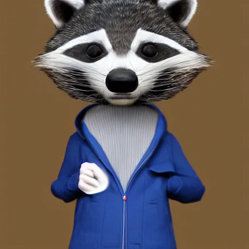 Image similar to anthropomorphic racoon, chibby, male, blue jacket