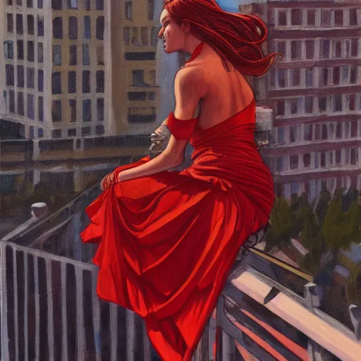 Image similar to a beautiful artwork of a woman in red dress sitting on the balcony of a hotel top view, by Jerome Opeña, featured on artstation