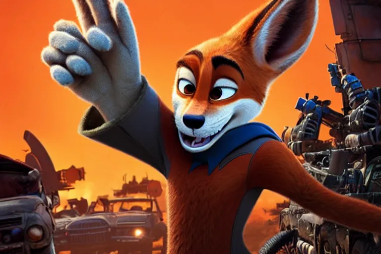 Image similar to nick wilde ( from zootopia ), heavily armed and armored facing down armageddon in a dark and gritty reboot from the makers of mad max : fury road