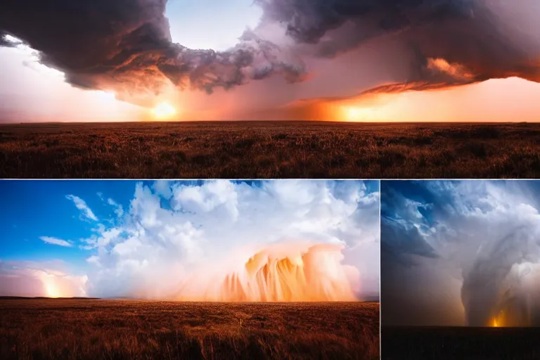 Prompt: a photo of a supercell thunderstorm, serene environment, illuminated from various angles by the setting sun, cinematic