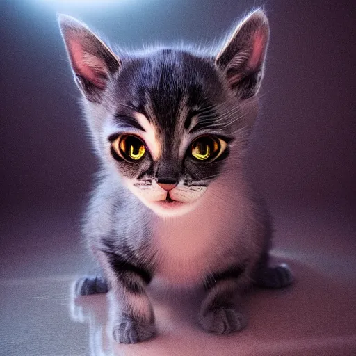 Image similar to full body pose, hyperrealistic photograph of a cute cyborg kitten, dim volumetric lighting, 8 k, octane beautifully detailed render, extremely hyper detailed, intricate, epic composition, cinematic lighting, masterpiece, trending on artstation, very very detailed, stunning, hdr, smooth, sharp focus, high resolution, award, winning photo, dslr, 5 0 mm