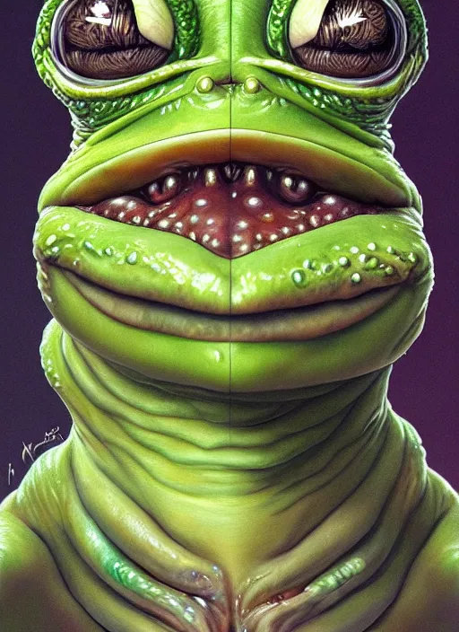 Prompt: slimy pepe the frog, drool, portrait, intricate, elegant, highly detailed, digital painting, artstation, concept art, wallpaper, smooth, sharp focus, illustration, art by h. r. giger and artgerm and greg rutkowski and alphonse mucha