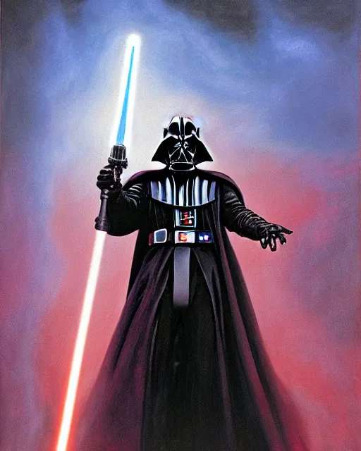 Image similar to portrait of Darth Vader as a powerful dungeons and dragons warlock, wearing dark robe, intricately detailed, lovecraftian, realistic, oil painting, by jeff easley, boris vallejo, cinematic lighting