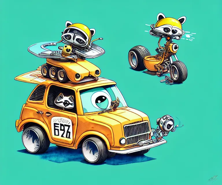 Image similar to cute and funny, racoon wearing a helmet riding in a tiny hot rod with oversized engine, ratfink style by ed roth, centered award winning watercolor pen illustration, isometric illustration by chihiro iwasaki, edited by beeple, tiny details by artgerm and beeple, symmetrically isometrically centered