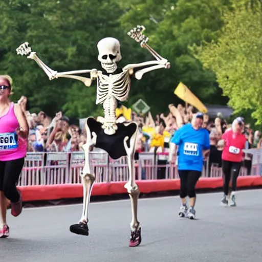 Image similar to A skeleton winning a marathon