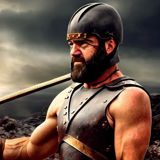 Image similar to cinematic action shot of joe biden as leonidas in 3 0 0 movie, 8 k, epic moody sky, dramatic lighting