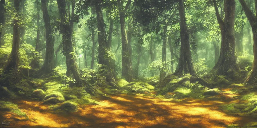 Prompt: a forest, cinematic angle, studio Ghibli, cinematic lighting, detailed oil painting, hyperrealistic, 8k