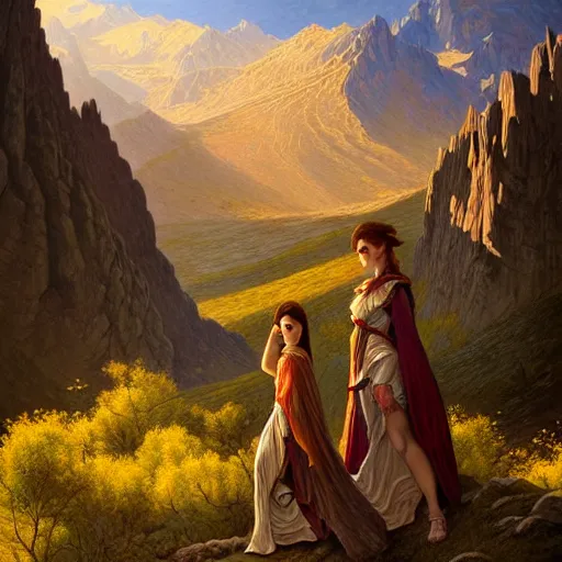 Image similar to of Willow team in Armenia hiking at a weekend and posing with mountains on the background, dark fantasy, medium shot, intricate, ornate, elegant, highly detailed, digital painting, volumetric light, artstation, concept art, smooth, sharp focus, illustration, art by Gil elvgren and charlie bowater and greg rutkowski and alphonse mucha