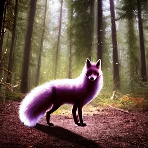 Image similar to a purple fox with a long fluffy and shiny coat sits in the forest on a ufo flying saucer. super realistic photo. clear details