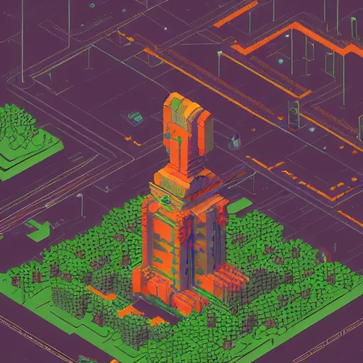 Prompt: “in the style of Laurie Greasley an isometric highly detailed aerial view of a young explorer making his way through an enchanted forest towards a levitating futuristic statue where an ancient being waits for him, retro futuristic, voxel art, 8k resolution”