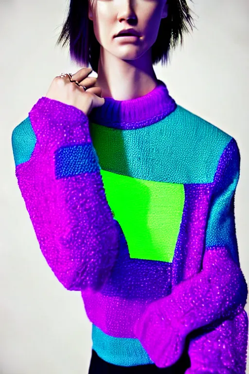 Image similar to stylish pullover for a rave bright colors, many details, photo for a magazine, photo for a store, fashion photography, Vogue, cinematic, hyper realism, high detail, 8k, very coherent symmetrical work, perfect face model, full length photo, Upper and lower body, white eyes, photographer style by Nik Night Erik Madigan Hec and Walter Chin and Camilla Akrans and Miles Aldridge