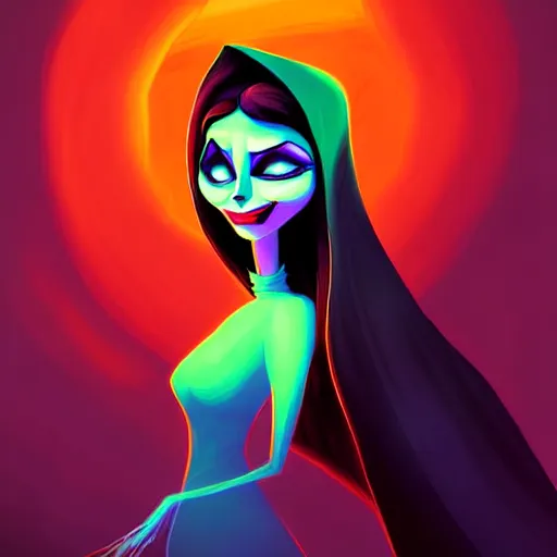 Image similar to curled perspective digital art of a dark hair woman wearing arab scarf by anton fadeev from nightmare before christmas