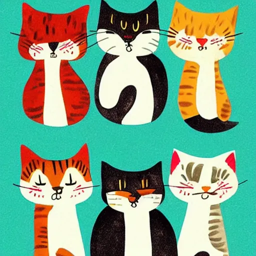 Prompt: cute cats in mid-century illustration style