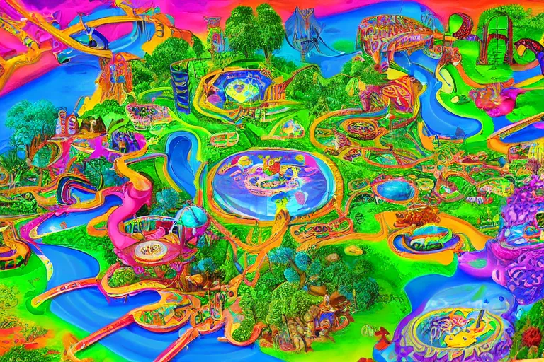 Image similar to Map of a psychedelic realm in the style of a theme park map highly detailed, full color, as painted by lisa frank and bob ross, unreal engine