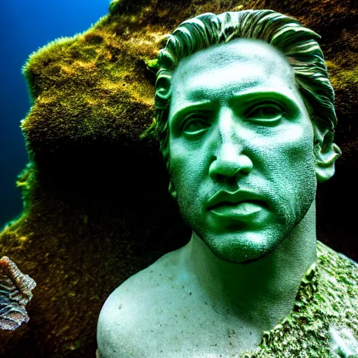 Image similar to Nicolas Cage underwater mossy old statue, ruins, photo, dark, kelp and moss all over, bottom of ocean, deep ocean, bottom of ocean, dark, 35mm, fish, underwater landscape, 4k, detailed, photorealistic, photo, Atlantis, underwater camera, fish, fish, fish