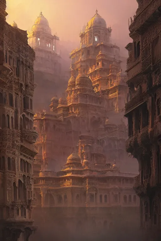 Image similar to old indian city with a breathtaking view of a magnificent maharajah palace at pink dawn, intricate, elegant, volumetric lighting, digital painting, highly detailed, artstation, sharp focus, illustration, concept art, ruan jia, steve mccurry