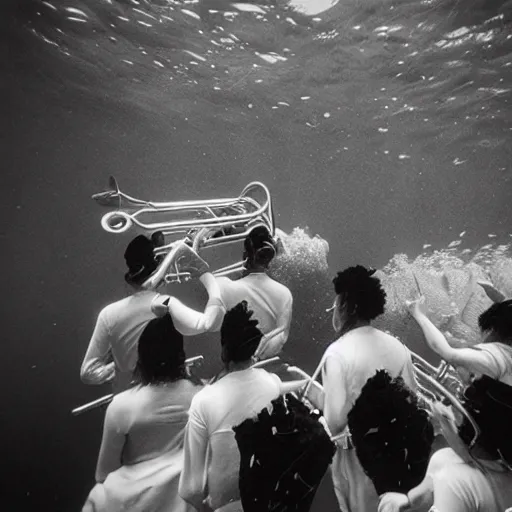 Image similar to Underwater photo of a marching band by Trent Parke, clean, detailed, Magnum photos