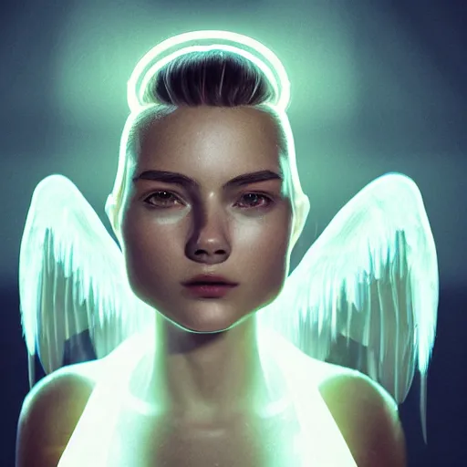 Image similar to portrait art of female angel, art by alessio albi 8 k ultra realistic, angel wings, lens flare, atmosphere, glow, detailed, intricate, full of colour, cinematic lighting, trending on artstation, 4 k, hyperrealistic, focused, extreme details, unreal engine 5, cinematic, masterpiece